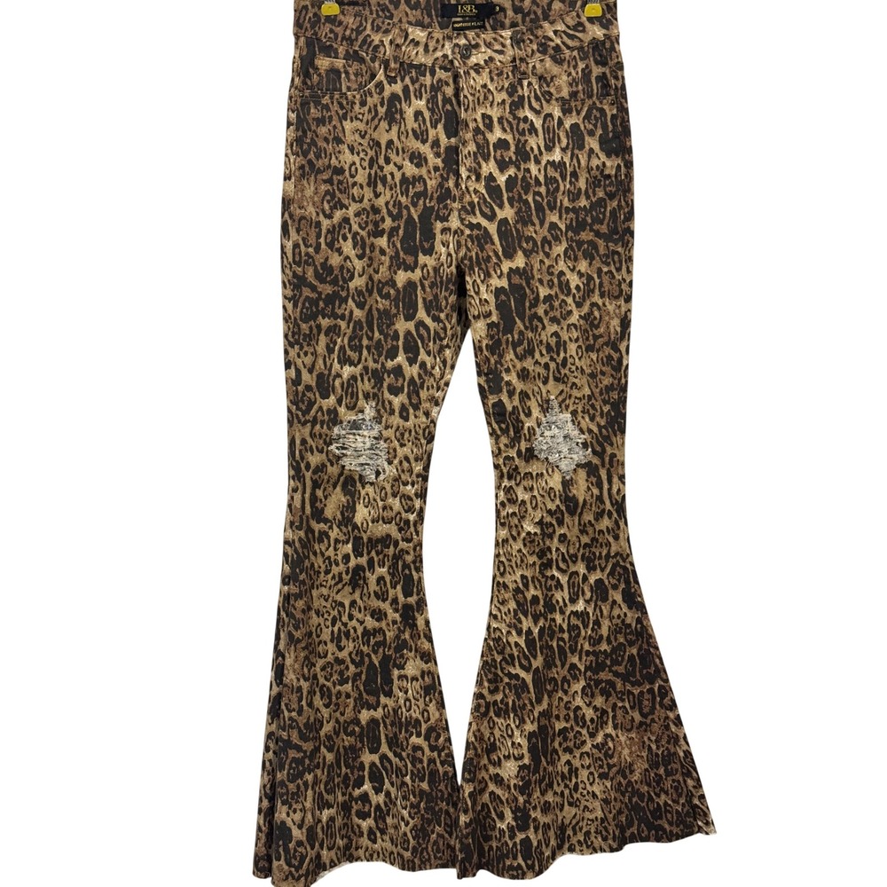 Lucky & Blessed Leopard Print High Rise Flare Jeans Distressed Sequin Size 8